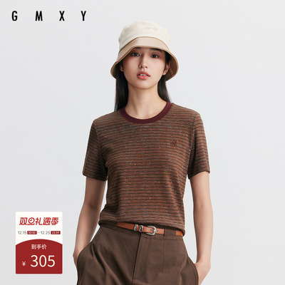 古木夕羊2025秋季复古宽松条纹撞色领设计短袖T恤女GR550091013