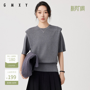 设计感垫肩圆领套头毛衣女GS430034002 法式 古木夕羊夏季 新品