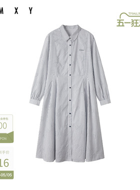 古木夕羊简约百搭条纹设计长袖连衣裙女翻领减龄裙子GR550182015