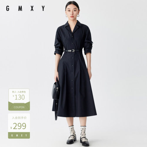 古木夕羊通勤宽松V领收腰连衣裙女时尚百搭中长裙GS41018001