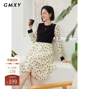 古木夕羊时尚 毛织拼接印花连衣裙女减龄百搭中长裙GS3101814 修身