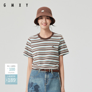 古木夕羊简约圆领条纹短袖T恤女春季百搭宽松上衣GS510091002