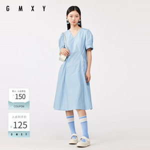 古木夕通勤纯色V领短袖连衣裙女夏季简约宽松显瘦中长裙GS3301810