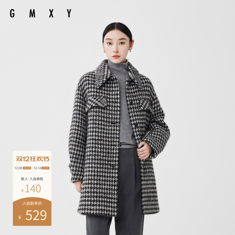 古木夕羊冬季复古气质翻领格纹衬衫式羊毛大衣女保暖百搭上衣