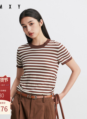 古木夕羊简约气质撞色条纹设计短袖毛衣女秋季新款GR550034008