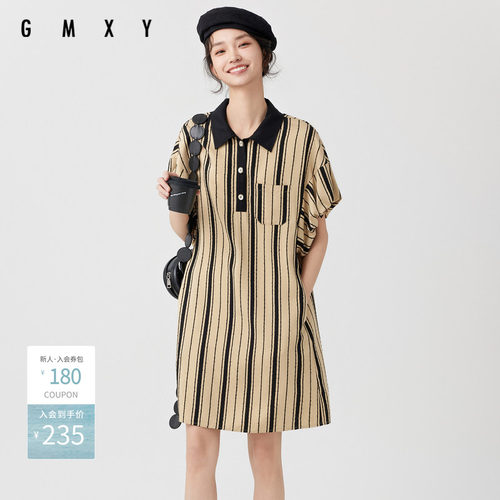 古木夕羊夏季新品竖条纹设计减龄短袖连衣裙女GS430182040