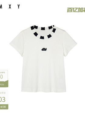 古木夕羊减龄宽松黑色撞色圆领短袖T恤女GS510091004