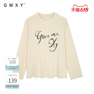 古木夕羊简约圆领印花长袖T恤女宽松休闲打底衫GK430091037