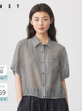 古木夕羊夏季新款简约气质格子翻领短袖衬衫女GS530082009