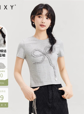 古木夕羊简约休闲灰色蝴蝶结T恤女夏纯棉修身短袖上衣