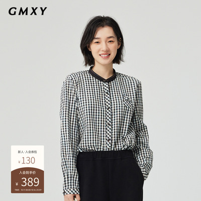 古木夕羊减龄撞色圆领设计格子衬衫女2025春季复古百搭长袖衬衣