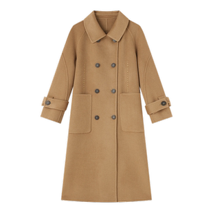 古木夕羊羊毛纯色毛呢大衣女秋双排扣设计长款外套