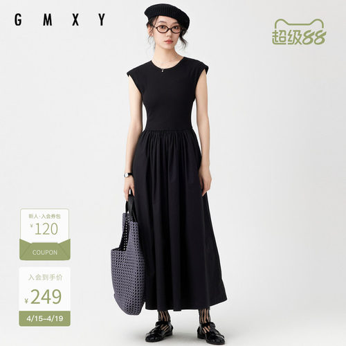 古木夕羊夏季时尚简约圆领拼接无袖连衣裙女GS430182001