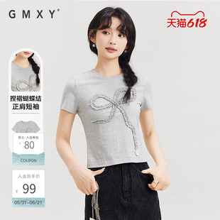 古木夕羊简约休闲灰色蝴蝶结T恤女夏纯棉修身短袖上衣