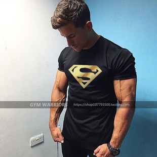 健身运动T恤男夏圆领短袖健美修身潮男超人肌肉训练篮球欧美短袖