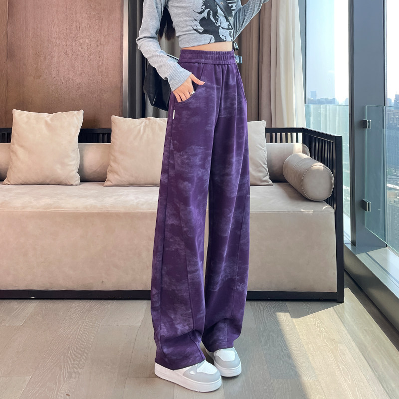 紫色窄版阔腿裤女春秋季新款高腰垂感显瘦休闲香蕉裤宽松扎染卫裤