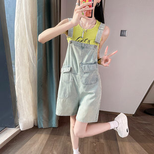 高腰显瘦减龄宽松休闲阔腿连体裤 工装 2026新款 女夏季 牛仔背带短裤