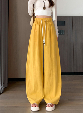 黄色高腰弯刀裤女2026春秋新款宽松显瘦窄版阔腿裤抽绳休闲香蕉裤