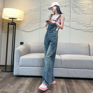 直筒连体拖地长裤 高腰减龄韩版 女春秋2026新款 复古阔腿牛仔背带裤