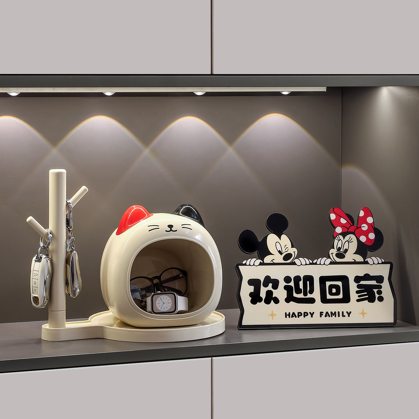 可爱小猫钥匙收纳玄关摆件轻奢高档入户门口鞋柜电视柜客厅装饰品