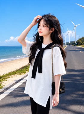 女童夏季套装新款设计款披肩假两件白色短袖T恤衫宽松黑色喇叭裤