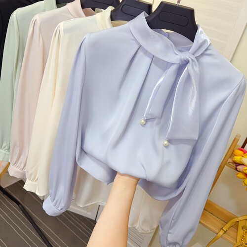 小领结立领醋酸缎面垂感衬衫女