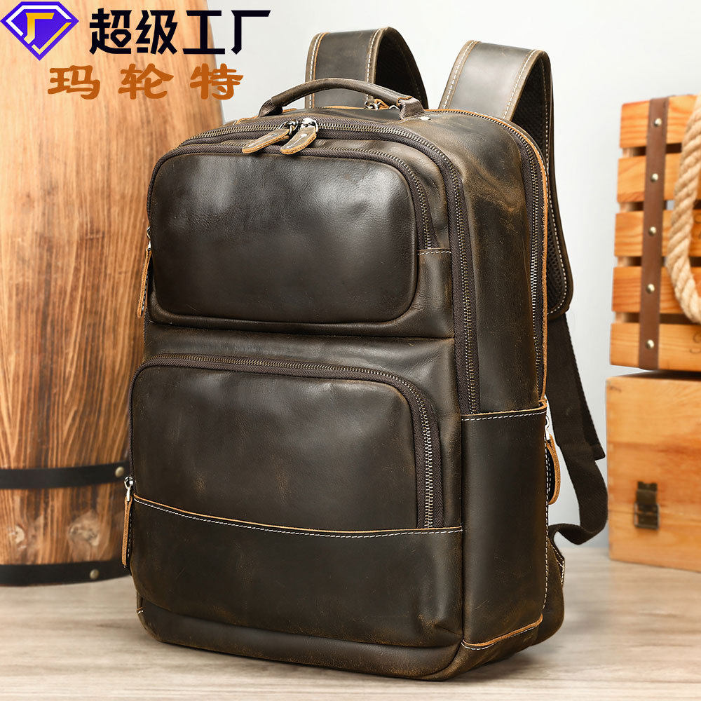 男士疯马皮双肩包感电脑包大容量真皮背包户外旅行出差双肩包