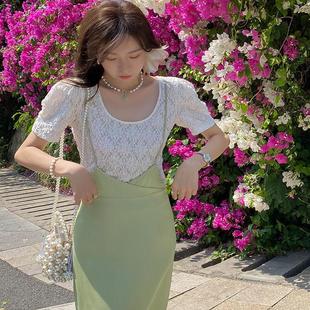 短款 短袖 T恤上衣 2023夏心机锁骨大U字领浮雕花型泡泡袖 张涩涩zss