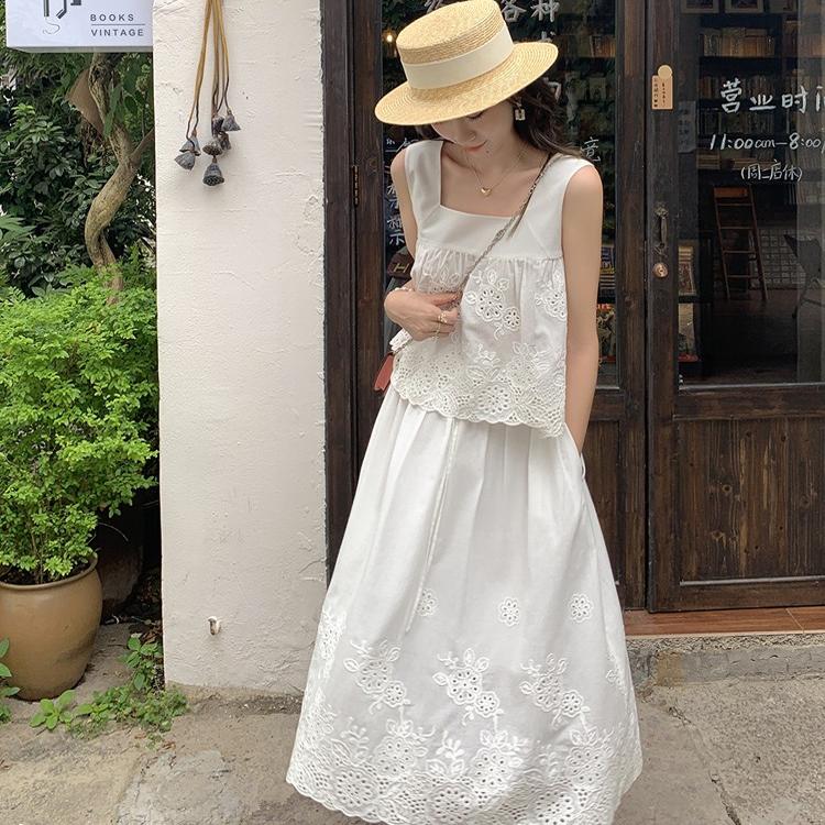 张涩涩zss yier2024年纯棉白色立体钩花吊带半身裙套装两件套女夏