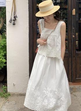 张涩涩zss yier2024年纯棉白色立体钩花吊带半身裙套装两件套女夏