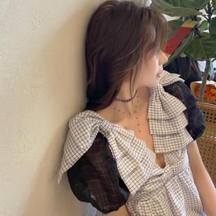 上衣短款 女夏季 格子蝴蝶结V领娃娃衫 张涩涩zss天丝网纱拼接泡泡袖