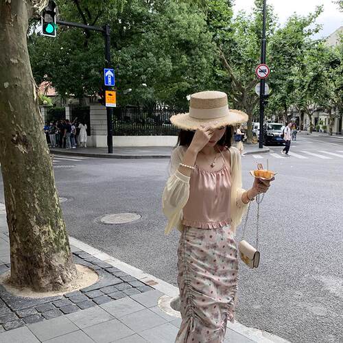 张涩涩zss 真丝绒柔雾碎花弧光半抽褶立裁不规则半身裙女夏季薄款