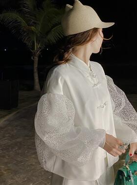 张涩涩 白色温柔网纱洋气长袖上衣短裙套装裙两件套女春秋