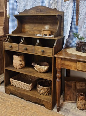 美式乡村餐边柜复古实木储物柜影楼民宿置物柜复古原木碗碟茶水柜
