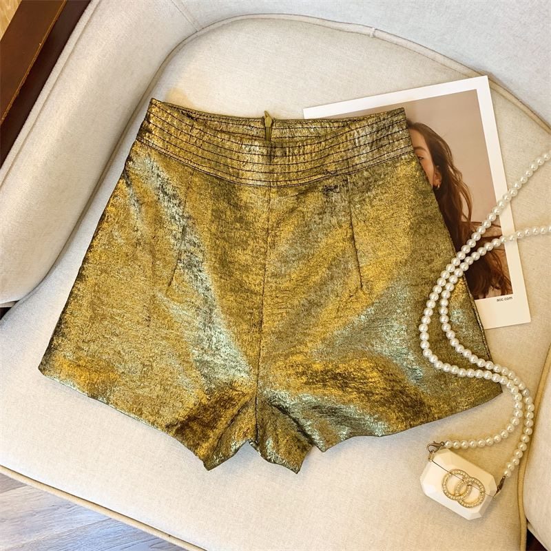 重工亮闪闪烫金短裤女2024夏季新款复古高腰显瘦A字休闲阔腿热裤