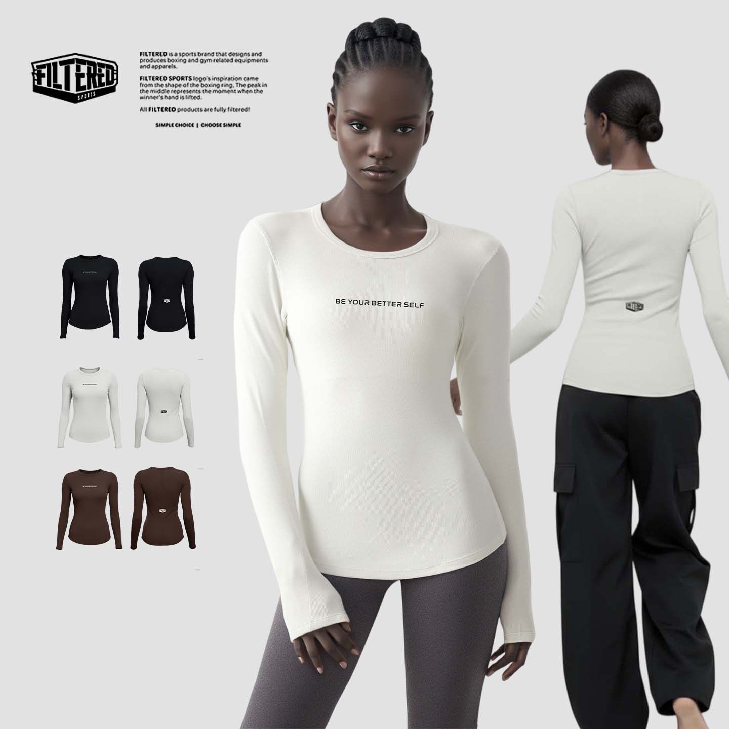 FILTERED圆领针织长袖打底衫运动T恤女新款紧身修身正肩休闲上衣