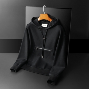 F6077-27036-P125 2025新款秋冬男士连帽大码卫衣打底衫 黑底图，男装T恤，钱塘6077