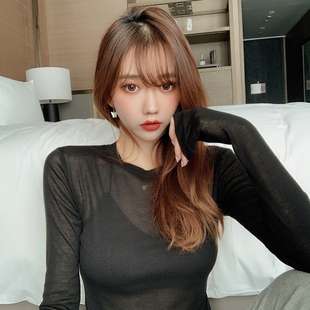 夏季圆领薄款微透性感长袖防晒上衣女修身网纱弹力内搭打底衫T恤