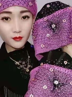 新款回族纱巾回民女士头巾帽时尚满天星妈妈包头帽方便盖头套头。