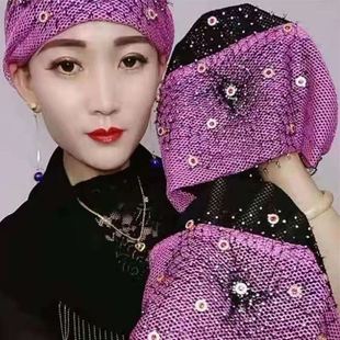 新款回族纱巾回民女士头巾帽时尚满天星妈妈包头帽方便盖头套头。
