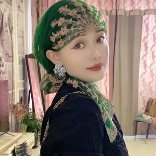 回族女士帽子新款休闲刺绣方巾头巾头饰包头丝巾遮发帽纱巾披肩。