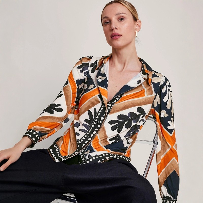 英国单春季新品个性绘画印花经典翻领单排扣长袖衬衫女配裤子优雅