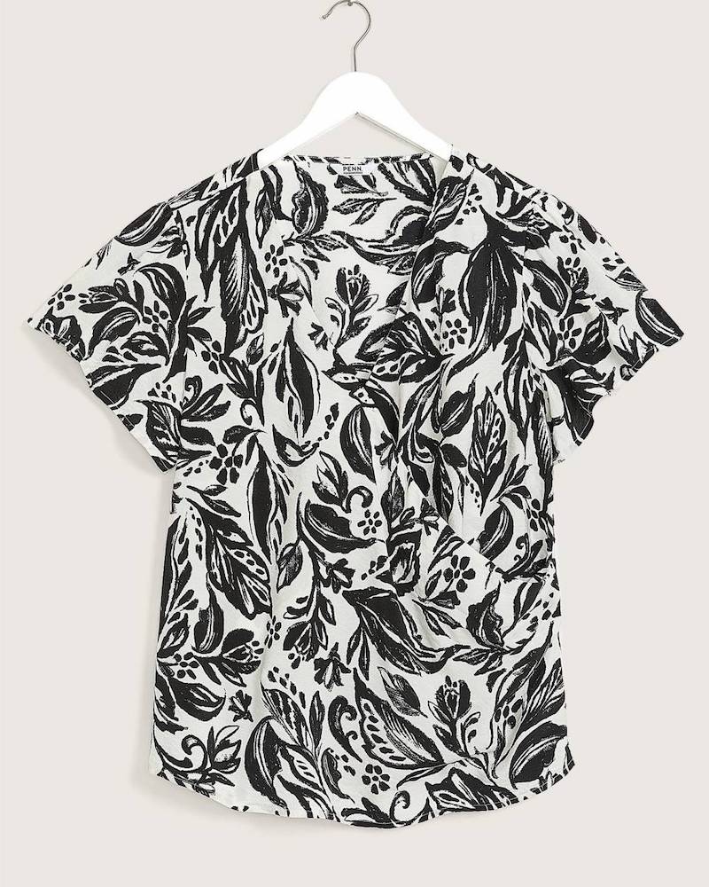 thumbnail for North American single summer new woven cotton wrap V-neck leaf print casual fashion short sleeve shirt women's plus size