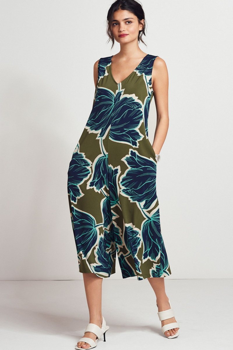 英国单夏季新品v领无袖树叶印花宽松裤腿女士连体裤通勤休闲