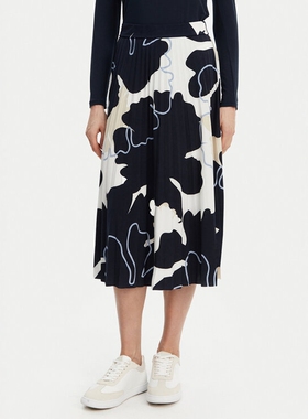 美国单秋季新品中高腰橡筋弹力印花百褶中长款半身裙女休闲日常1