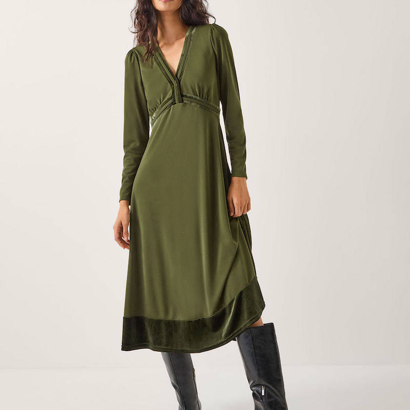 英国单秋冬新品V领长袖天鹅绒拼接装饰中高腰优雅奢华连衣裙女