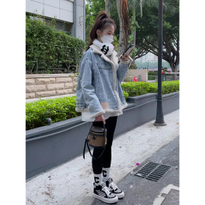 AYLZNJH 两面穿羊羔毛牛仔外套女冬款加绒加厚棉服宽松派克服上衣