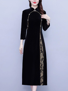 2023秋季新款气质遮肚显瘦金丝绒连衣裙高贵洋气长袖旗袍大码女装
