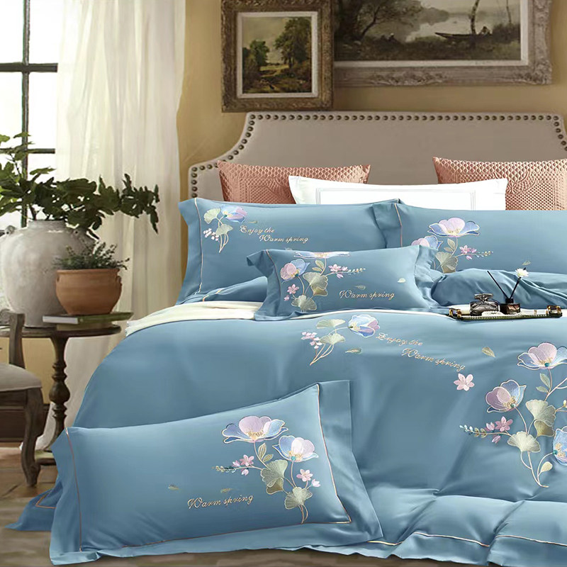 全棉磨毛纯色四件套纯棉绣花加厚被套保暖冬季活性棉床单床品简约