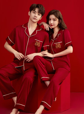 红色结婚真丝新婚短袖情侣睡衣